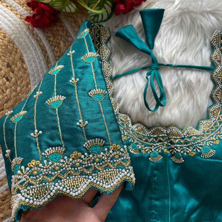 HEAVY PURE SOFT ROMAN SILK JARI & BEADS WORK BRIDAL READYMADE BLOUSE 