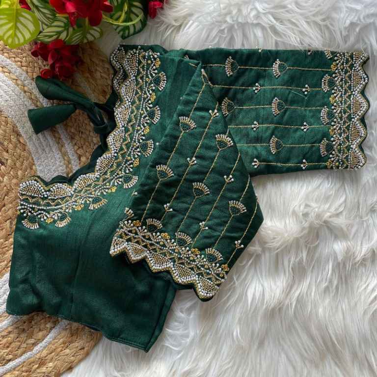 HEAVY PURE SOFT ROMAN SILK JARI & BEADS WORK BRIDAL READYMADE BLOUSE 