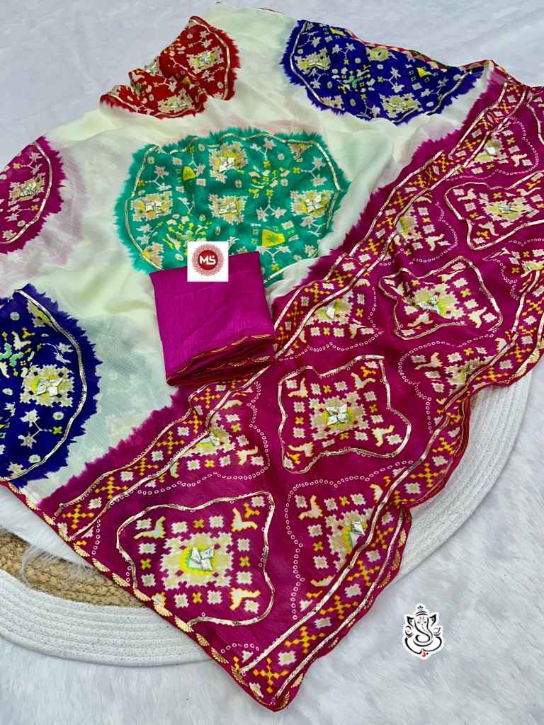 MOSS SOFT CHIFFON JAIPURI GOTA WORK BANDHEJ PATOLA PRINT SAREE AT WHOLESALE PRICE 