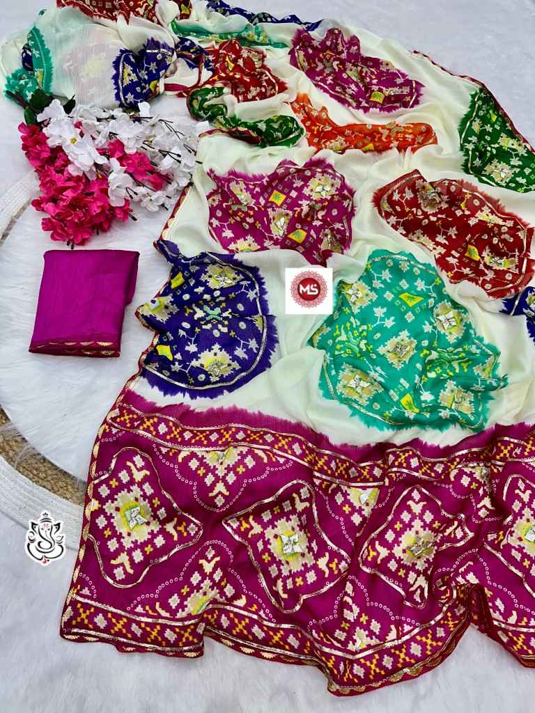 MOSS SOFT CHIFFON JAIPURI GOTA WORK BANDHEJ PATOLA PRINT SAREE AT WHOLESALE PRICE 