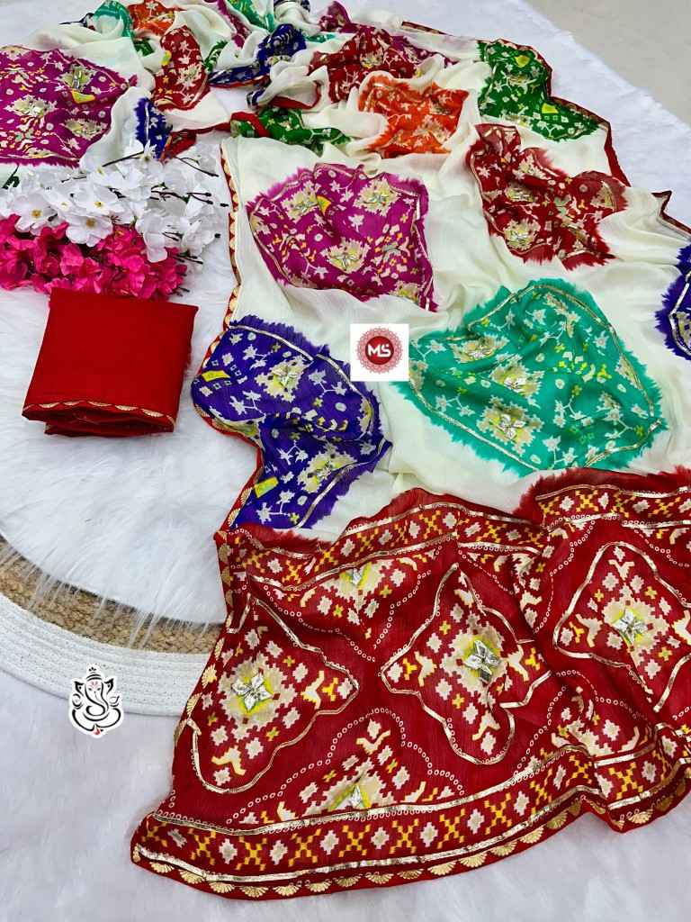 MOSS SOFT CHIFFON JAIPURI GOTA WORK BANDHEJ PATOLA PRINT SAREE AT WHOLESALE PRICE 
