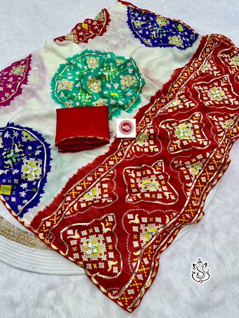 MOSS SOFT CHIFFON JAIPURI GOTA WORK BANDHEJ PATOLA PRINT SAREE AT WHOLESALE PRICE 