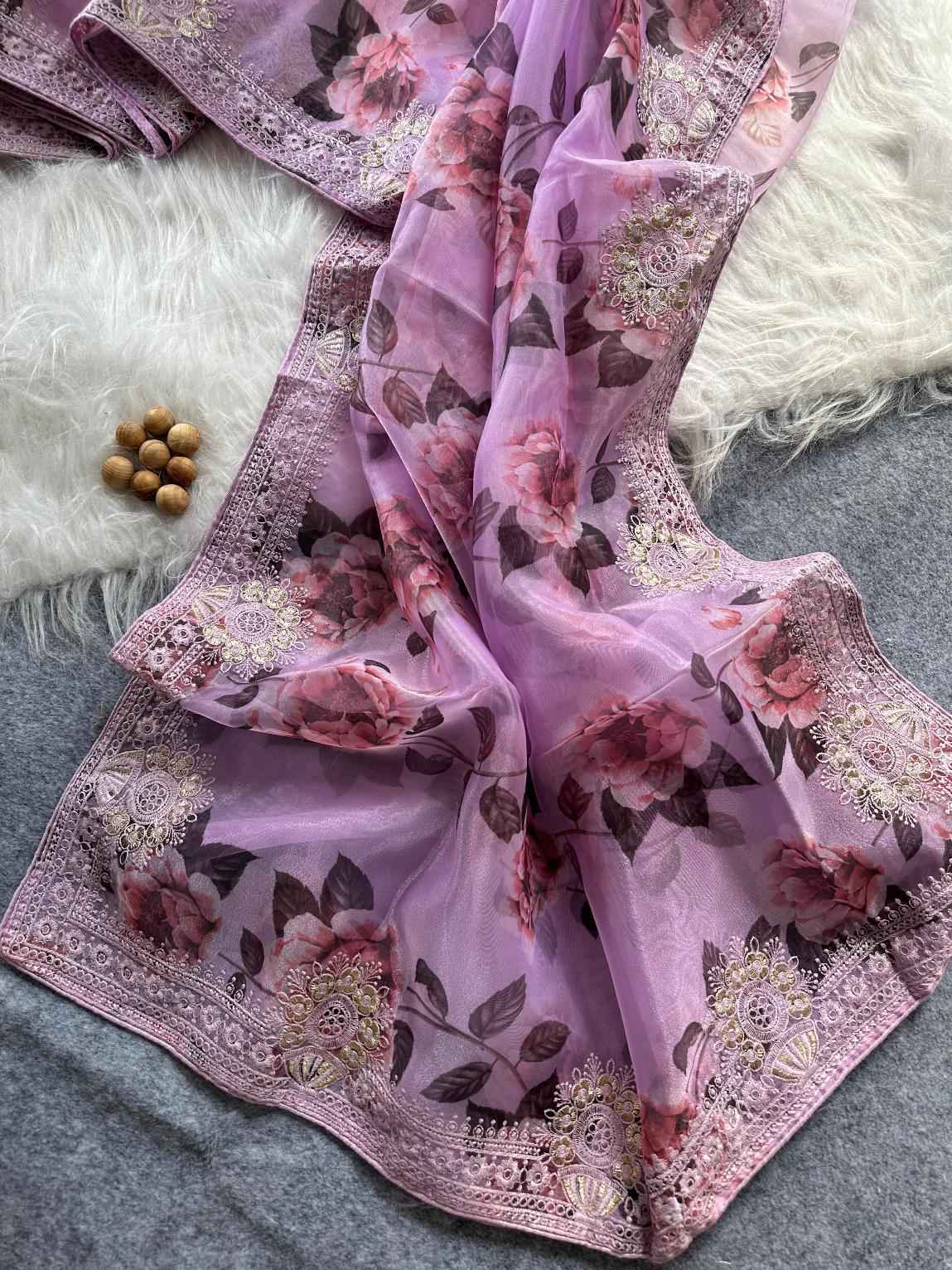 SOFT FLORAL ORGANZA FLORAL DIGITAL PRINT SAREE AT WHOLESALE PRICE