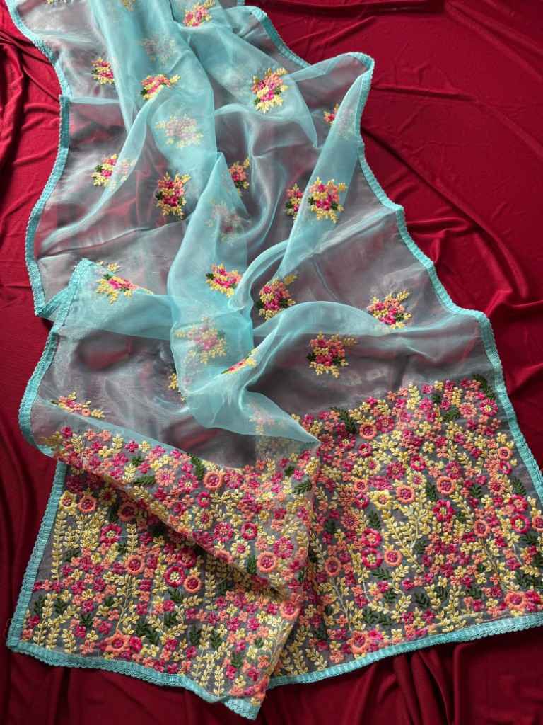 PURE SOFT ORGANZA VISCOSE THREAD WORK SAREE AT WHOLESALE PRICE