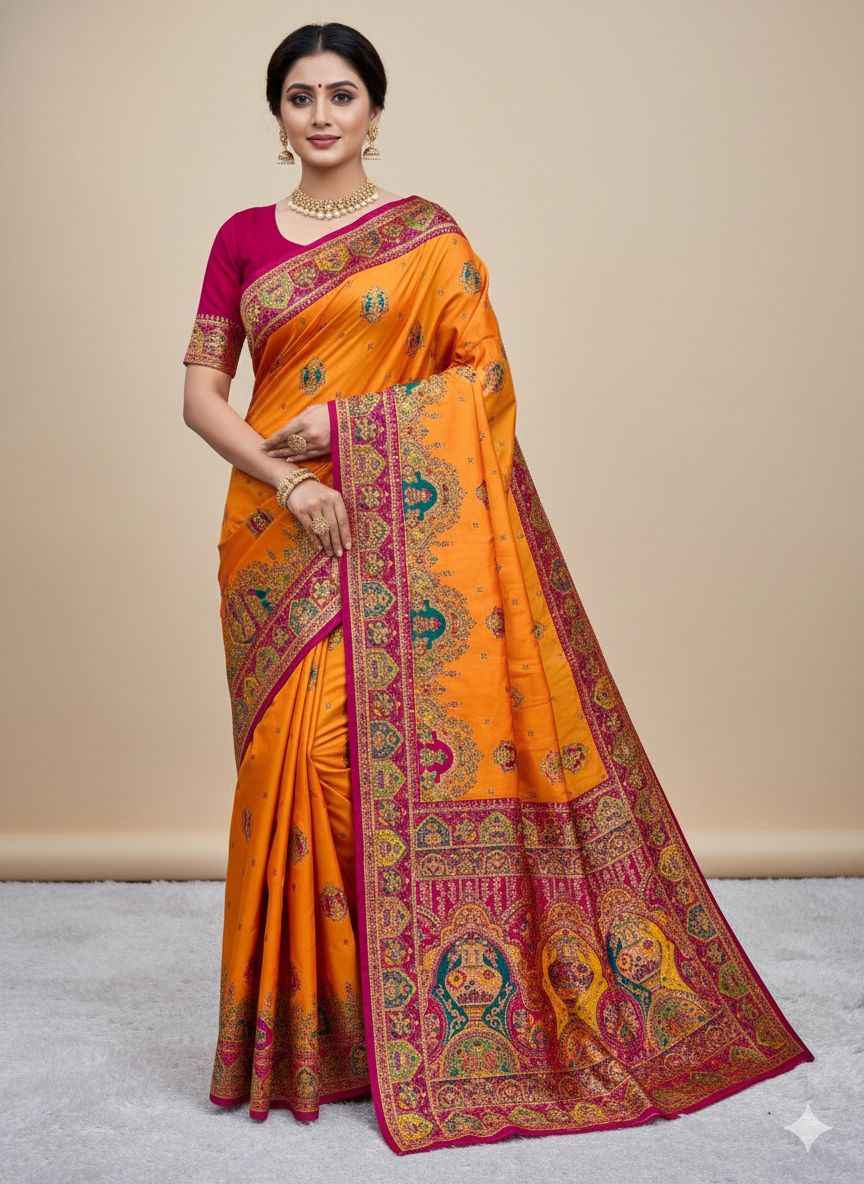 PASHMINA PAITHANI SILK WOVEN MOTIFS MULTICOLOR PAISLEY BORDER SAREE AT WHOLESALE PRICE
