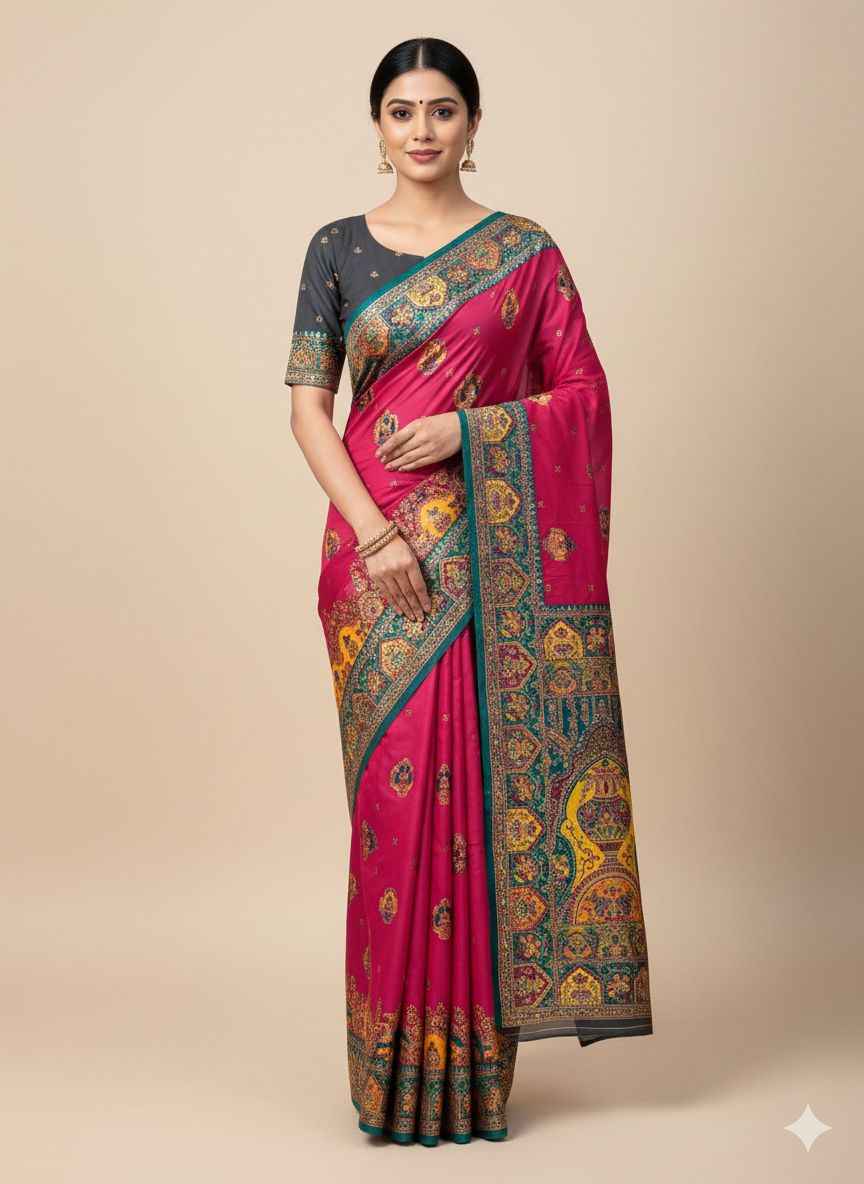 PASHMINA PAITHANI SILK WOVEN MOTIFS MULTICOLOR PAISLEY BORDER SAREE AT WHOLESALE PRICE