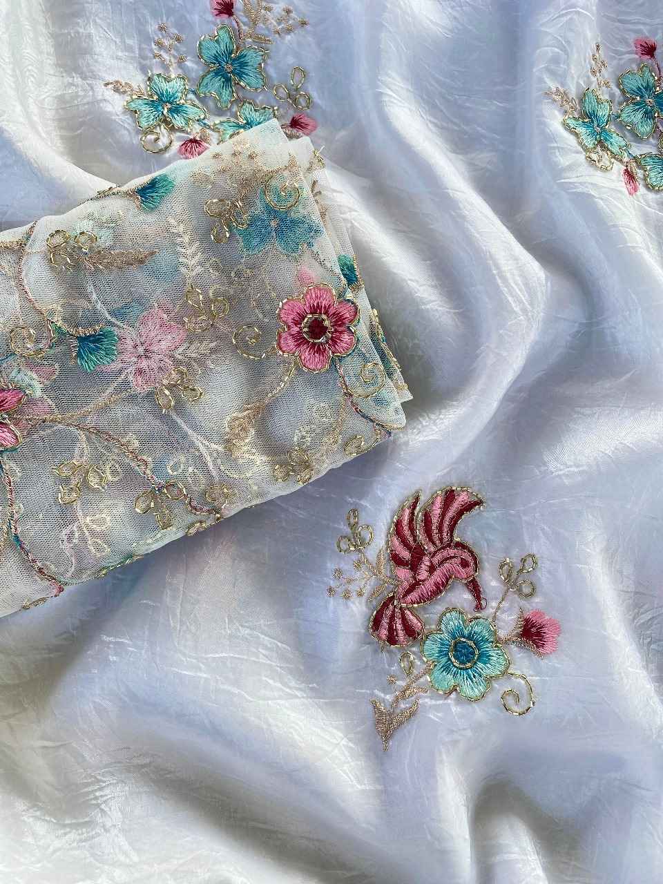 PURE CRUSHED ORGANZA FLOWER EMBROIDORY WORK SAREE AT WHOLESALE PRICE 