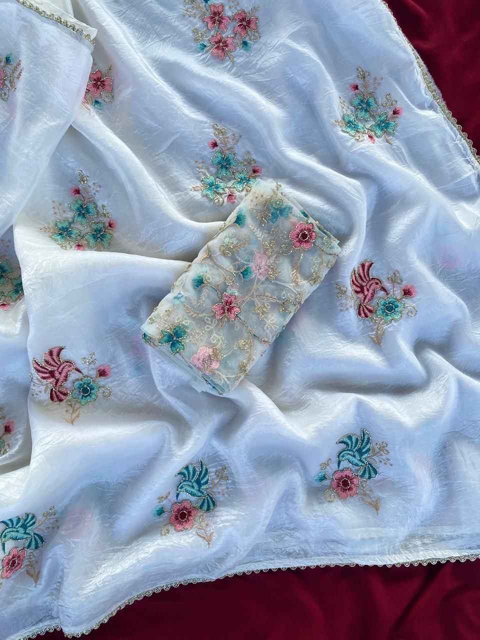 PURE CRUSHED ORGANZA FLOWER EMBROIDORY WORK SAREE AT WHOLESALE PRICE 