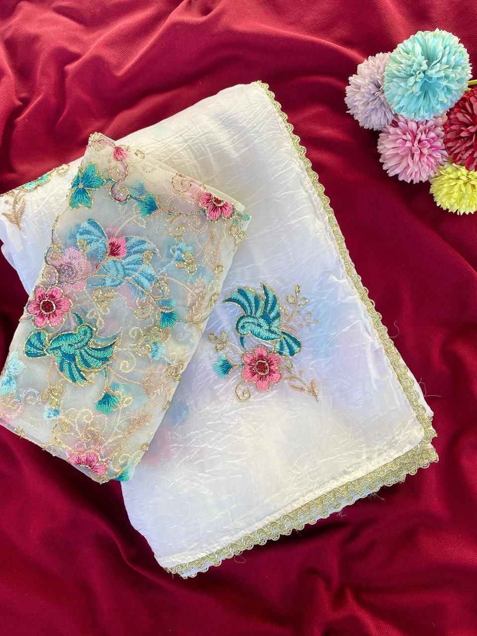 PURE CRUSHED ORGANZA FLOWER EMBROIDORY WORK SAREE AT WHOLESALE PRICE 