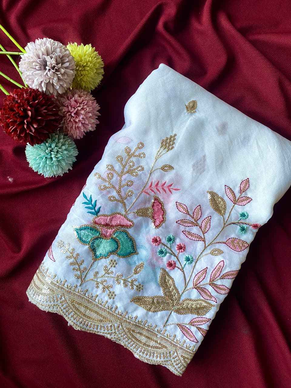 PURE GEORGETTE CHIFFON EMBROIDERED AND SEQUENCE WORK SAREE AT WHOLESALE PRICE