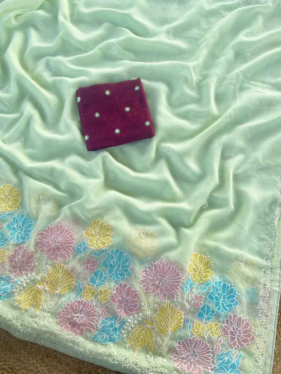 PURE GLASS CHIFFON EMBROIDER FLOWER PANEL SAREE AT WHOLESALE PRICE