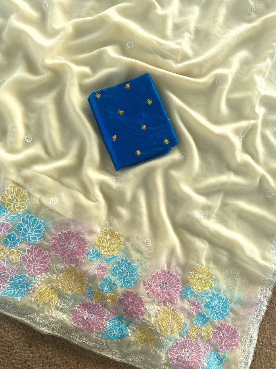 PURE GLASS CHIFFON EMBROIDER FLOWER PANEL SAREE AT WHOLESALE PRICE