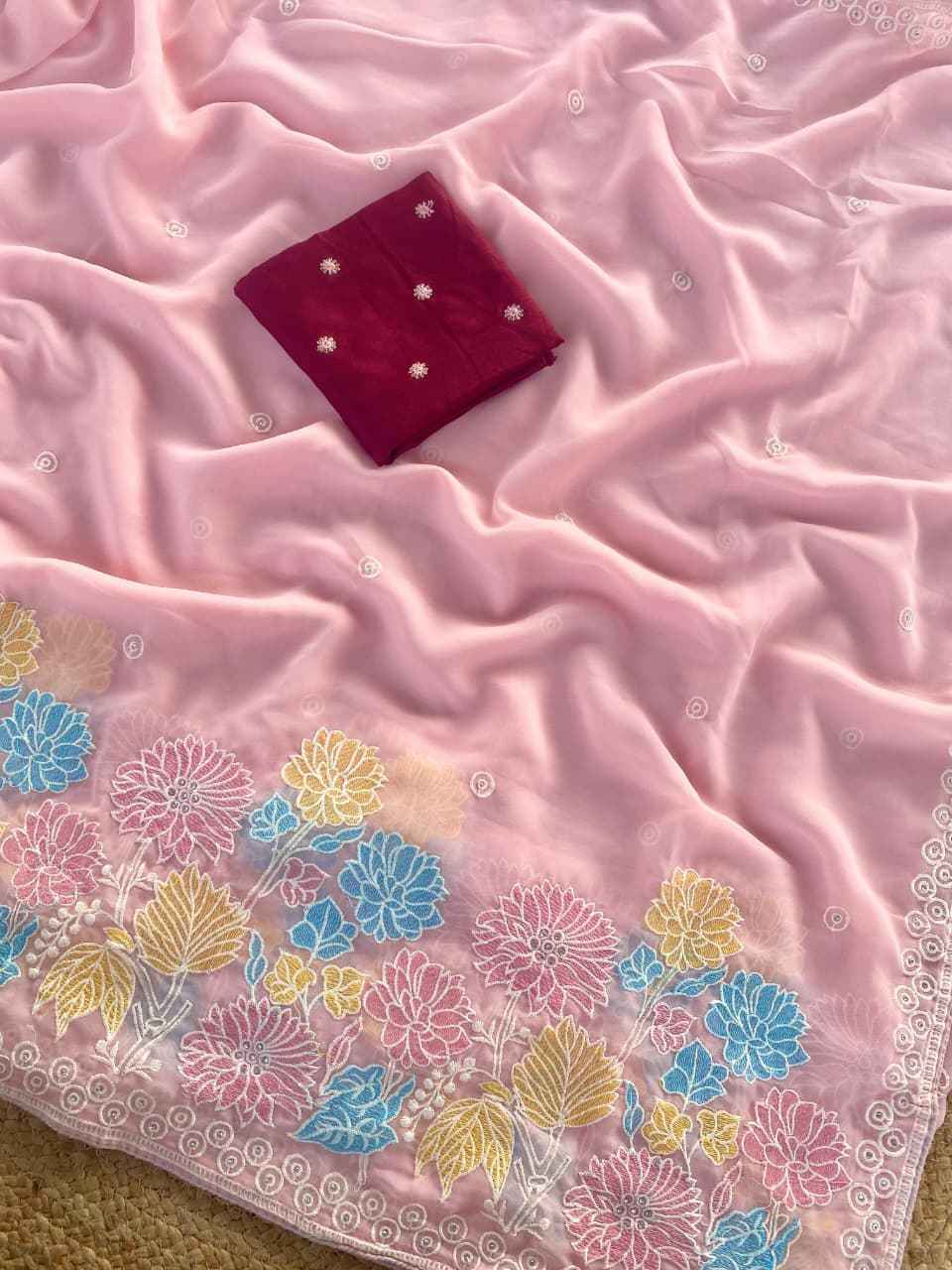 PURE GLASS CHIFFON EMBROIDER FLOWER PANEL SAREE AT WHOLESALE PRICE