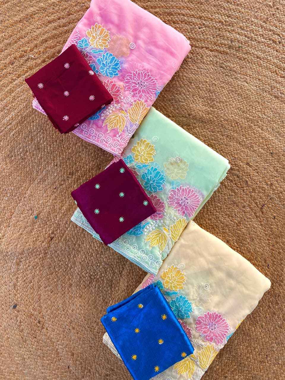 PURE GLASS CHIFFON EMBROIDER FLOWER PANEL SAREE AT WHOLESALE PRICE