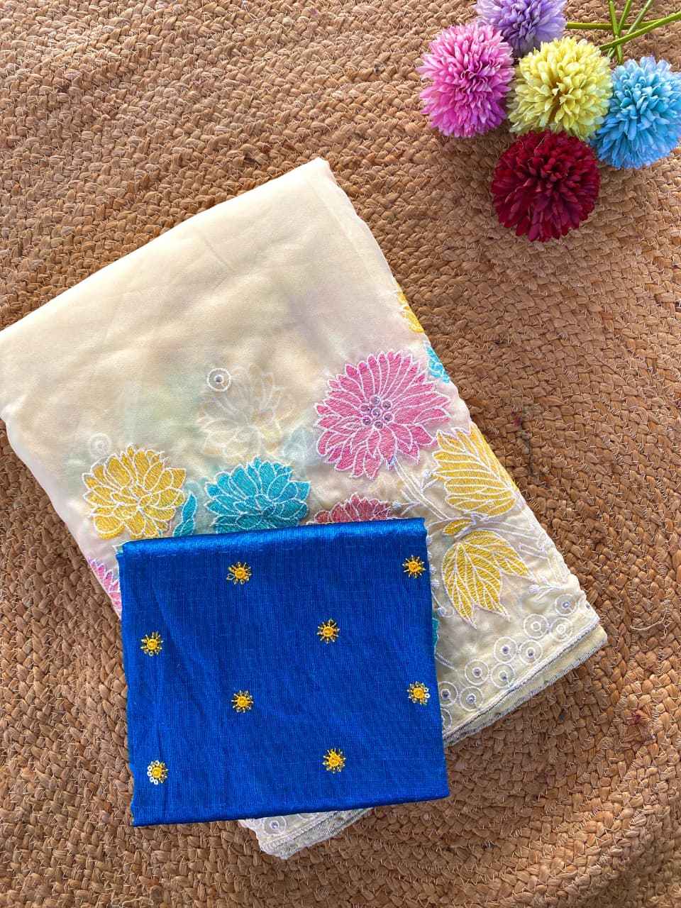 PURE GLASS CHIFFON EMBROIDER FLOWER PANEL SAREE AT WHOLESALE PRICE