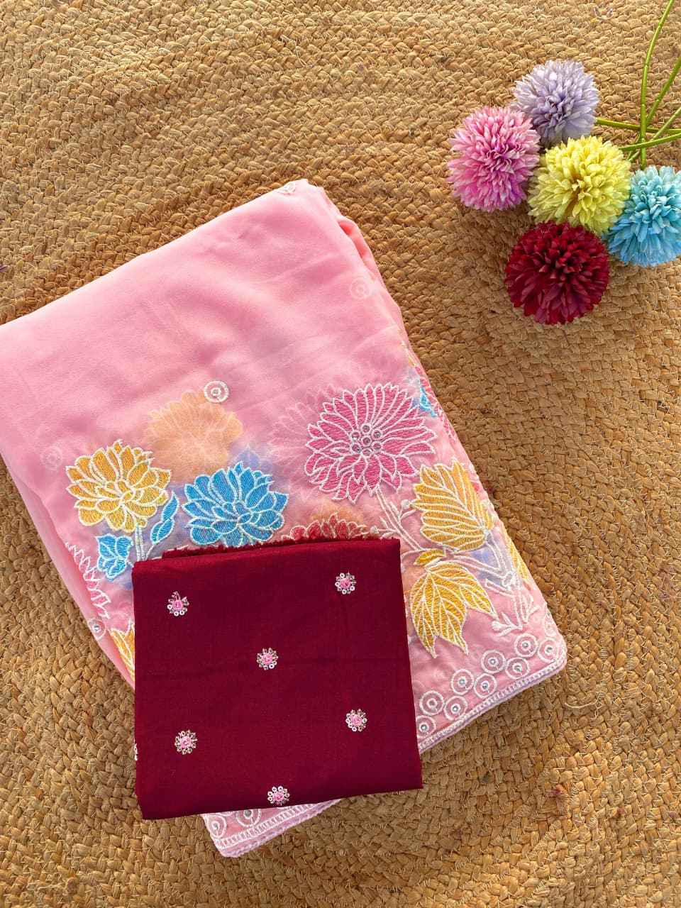 PURE GLASS CHIFFON EMBROIDER FLOWER PANEL SAREE AT WHOLESALE PRICE