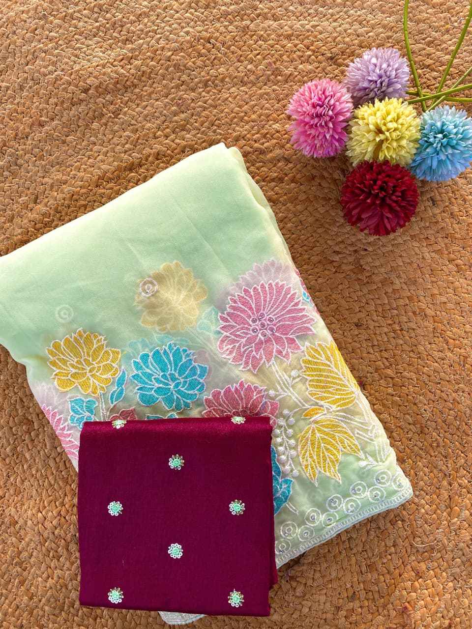 PURE GLASS CHIFFON EMBROIDER FLOWER PANEL SAREE AT WHOLESALE PRICE