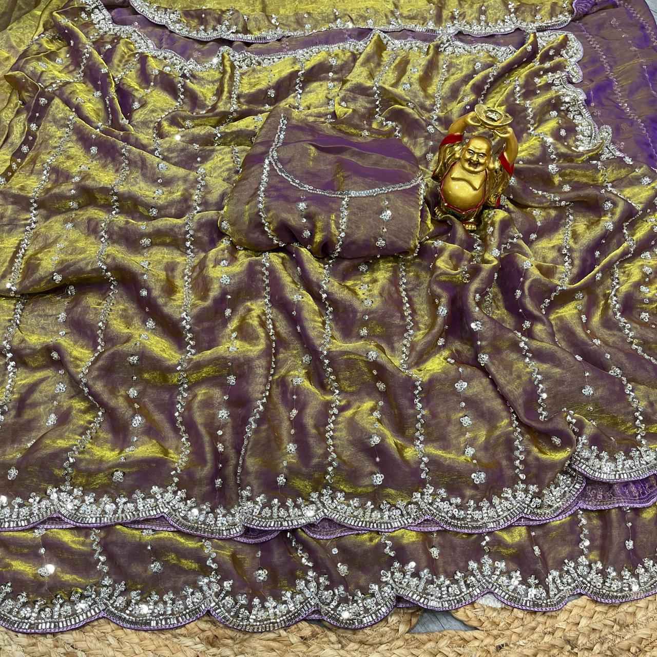 PURE SPACE SILK SEQUENCE AND GOLD BEEDS HANDWORK SAREE  AT WHOLESALE PRICE 