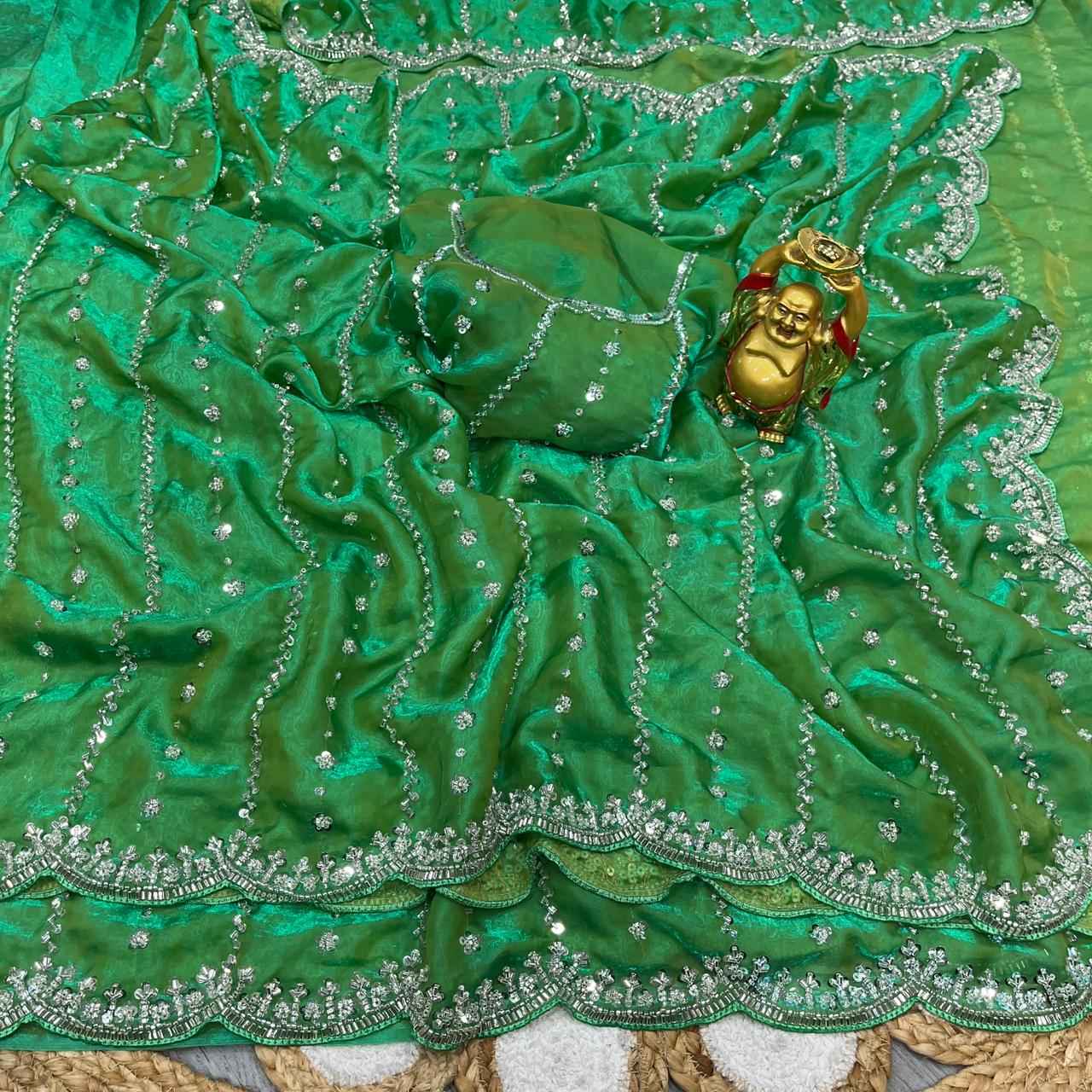 PURE SPACE SILK SEQUENCE AND GOLD BEEDS HANDWORK SAREE  AT WHOLESALE PRICE 