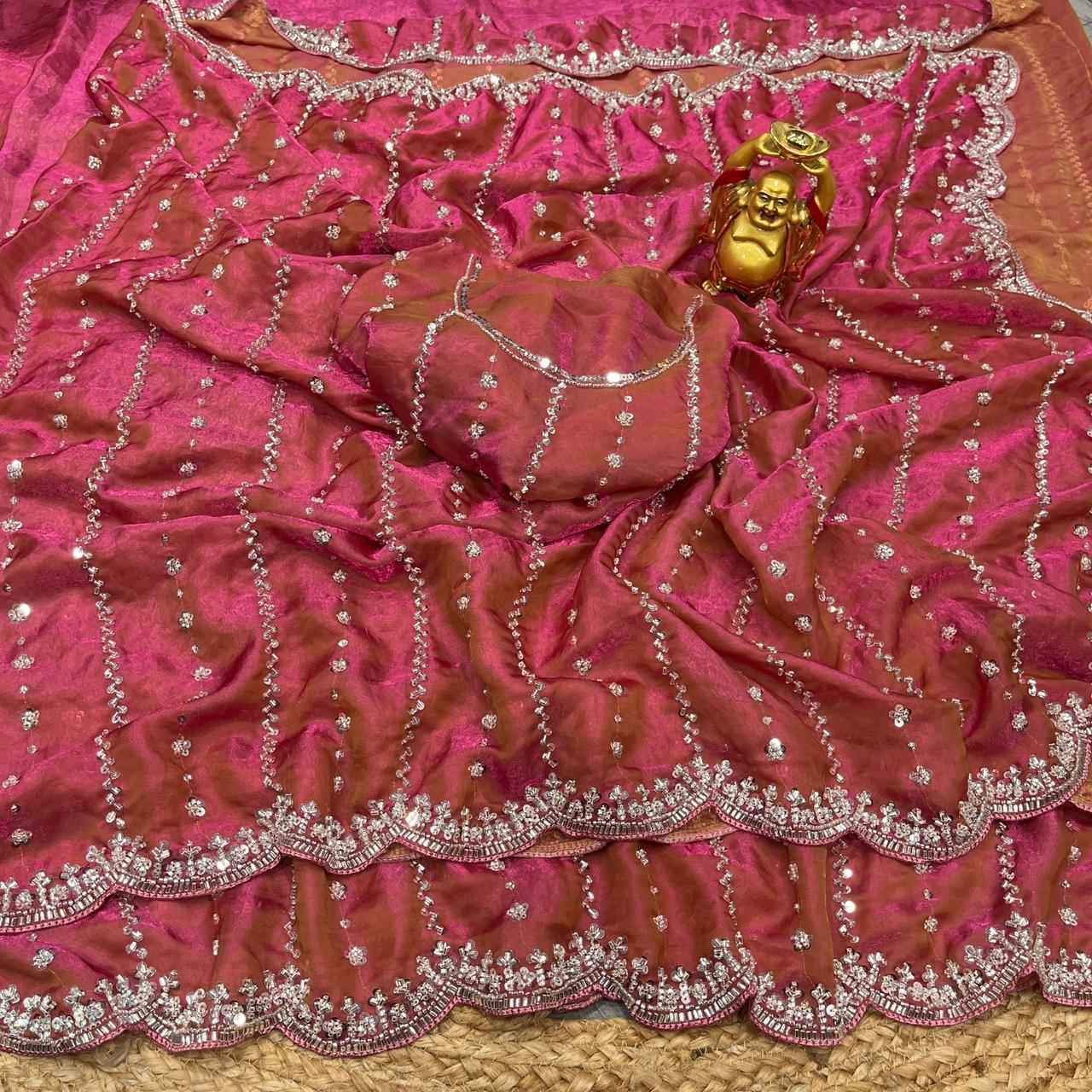 PURE SPACE SILK SEQUENCE AND GOLD BEEDS HANDWORK SAREE  AT WHOLESALE PRICE 