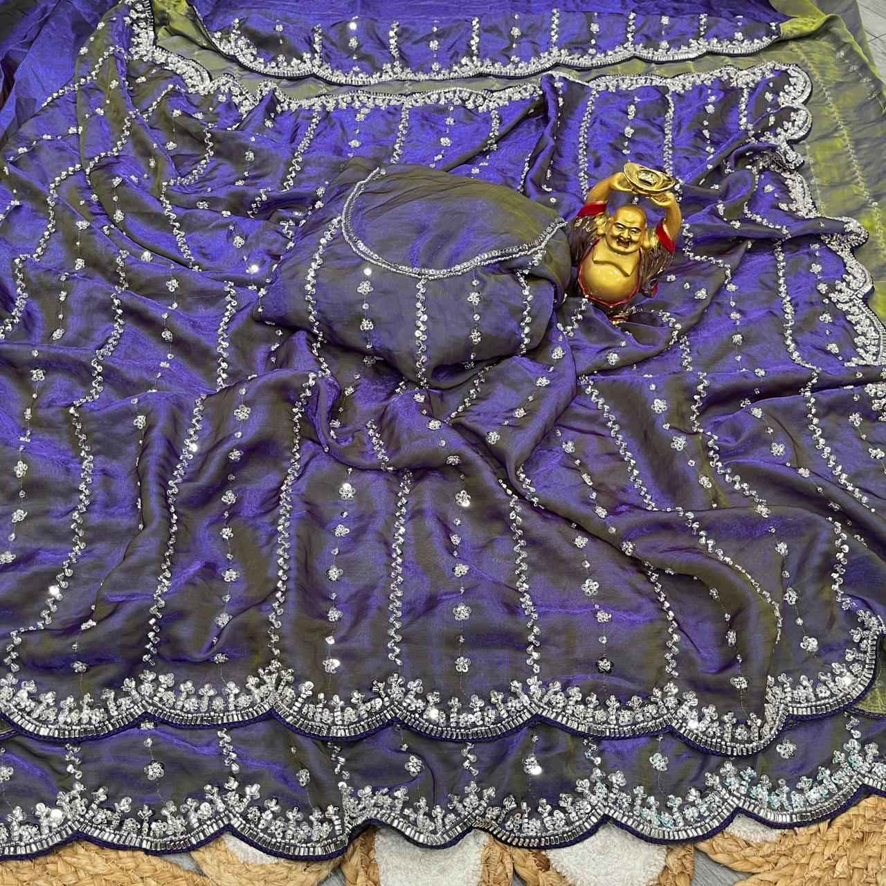 PURE SPACE SILK SEQUENCE AND GOLD BEEDS HANDWORK SAREE  AT WHOLESALE PRICE 