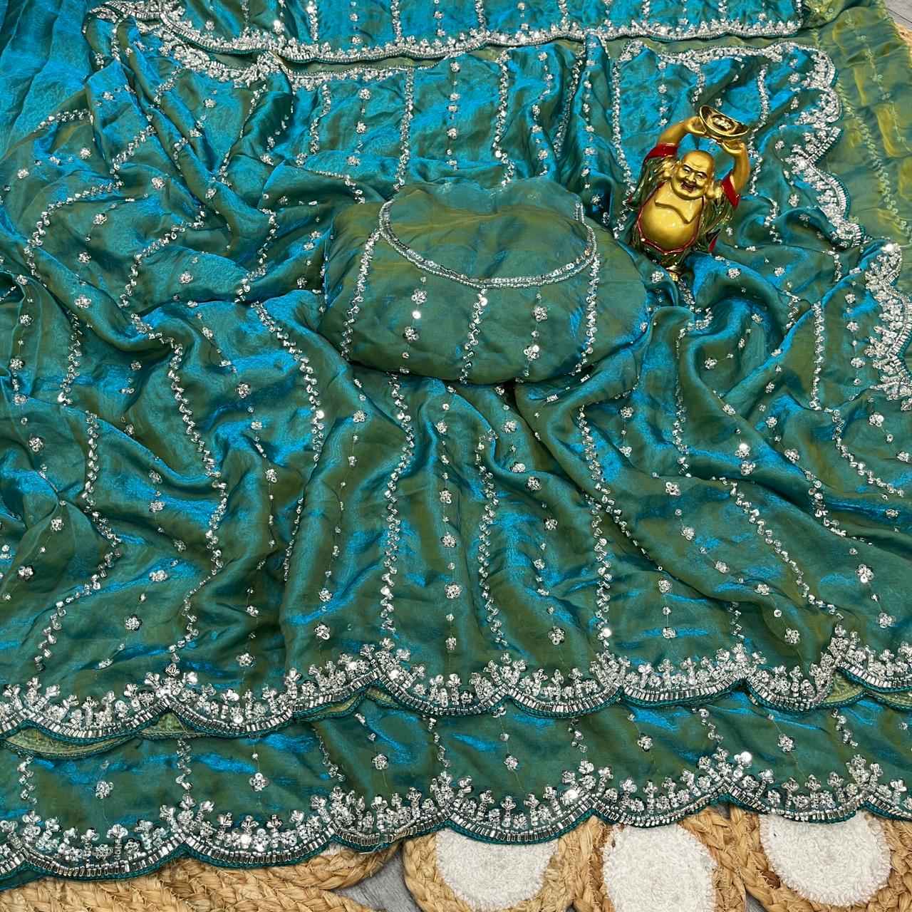 PURE SPACE SILK SEQUENCE AND GOLD BEEDS HANDWORK SAREE  AT WHOLESALE PRICE 