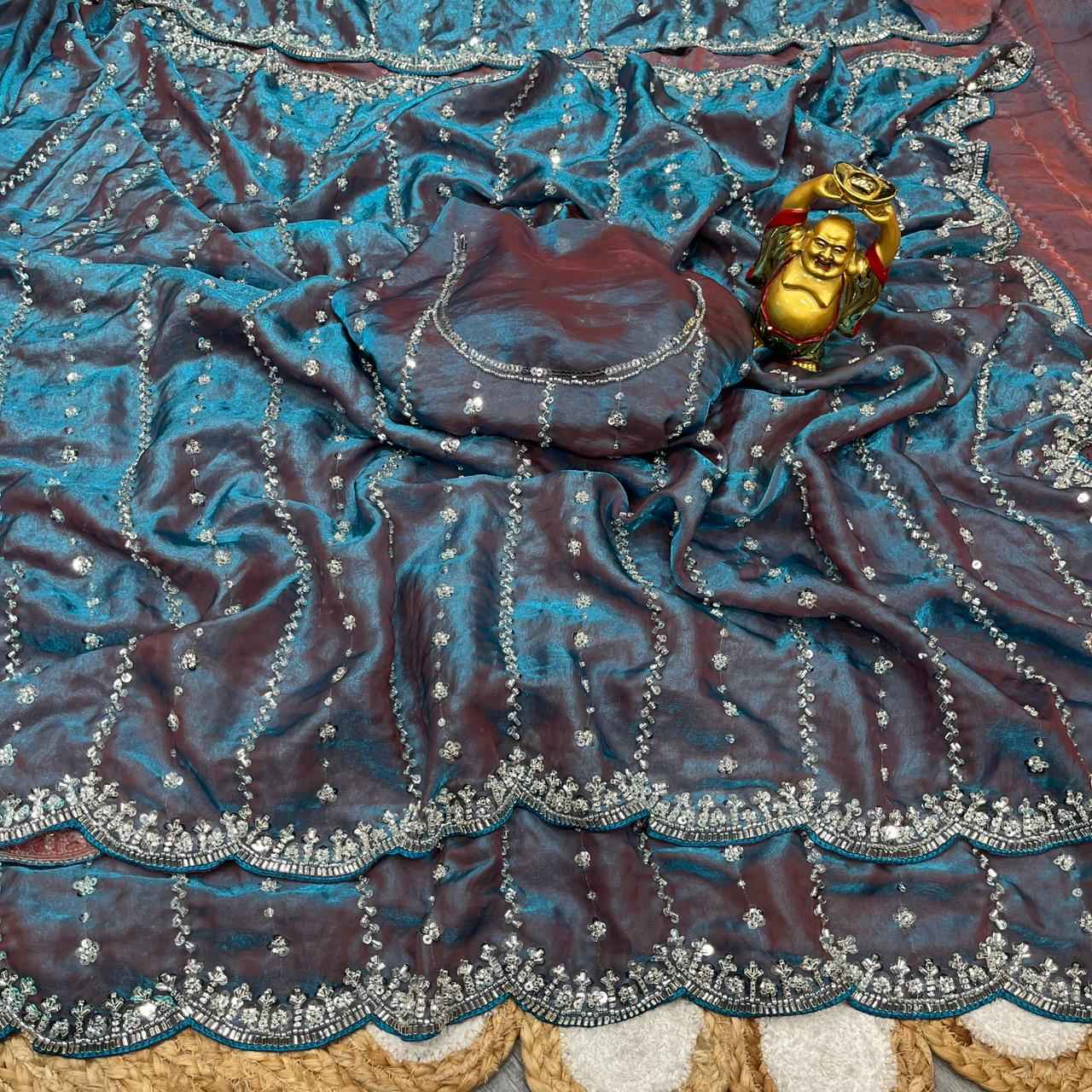 PURE SPACE SILK SEQUENCE AND GOLD BEEDS HANDWORK SAREE  AT WHOLESALE PRICE 