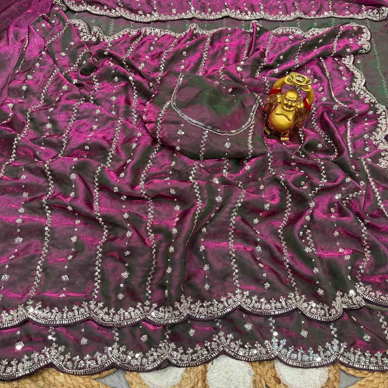 PURE SPACE SILK SEQUENCE AND GOLD BEEDS HANDWORK SAREE  AT WHOLESALE PRICE 