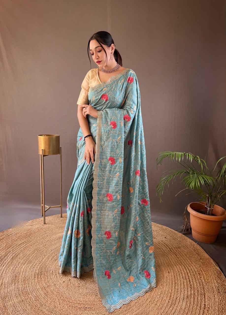 PURE TUSSAR SILK JAAL FLORAL EMBROIDERY WORK SAREE WHOLESALE PRICE 
