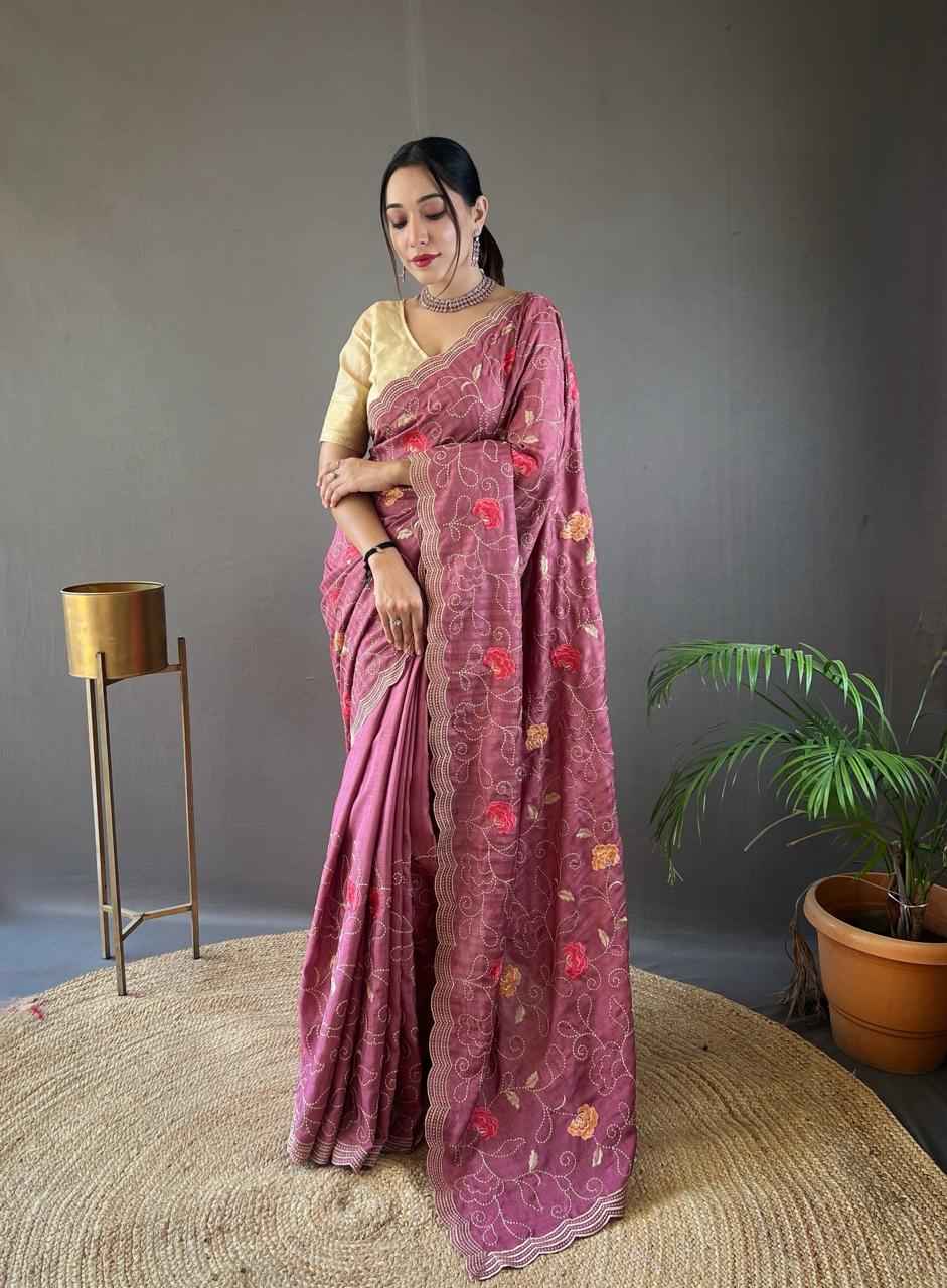 PURE TUSSAR SILK JAAL FLORAL EMBROIDERY WORK SAREE WHOLESALE PRICE 