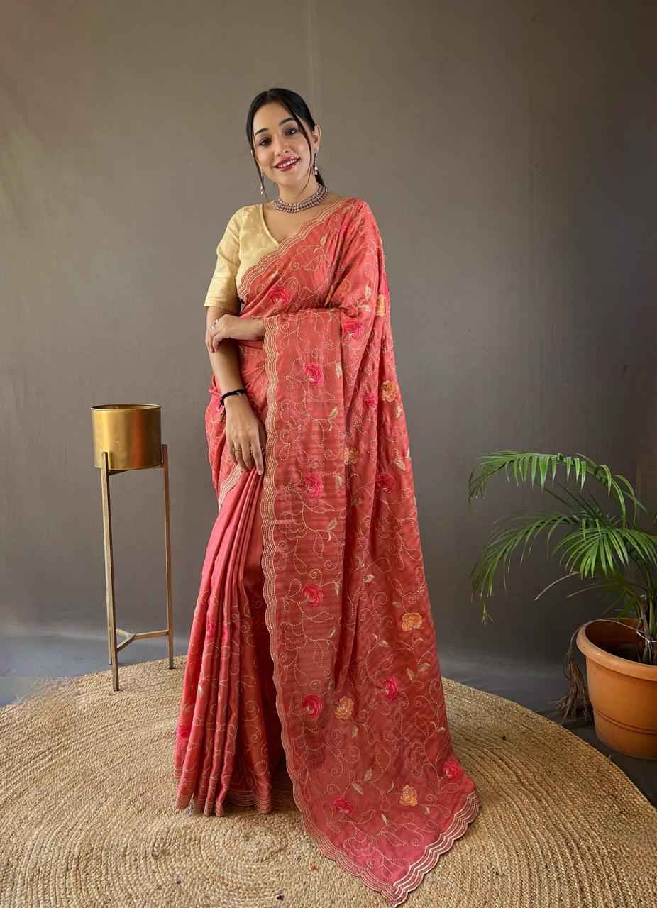 PURE TUSSAR SILK JAAL FLORAL EMBROIDERY WORK SAREE WHOLESALE PRICE 