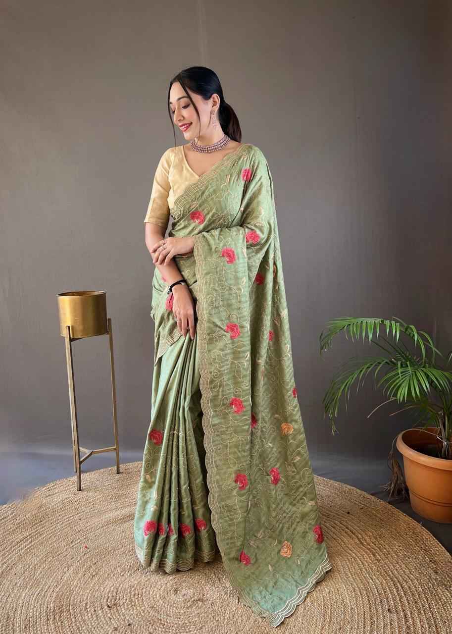 PURE TUSSAR SILK JAAL FLORAL EMBROIDERY WORK SAREE WHOLESALE PRICE 
