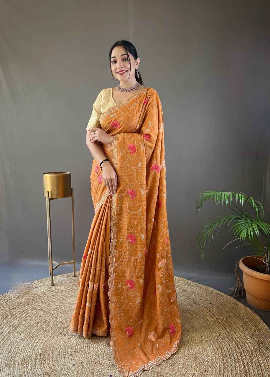 PURE TUSSAR SILK JAAL FLORAL EMBROIDERY WORK SAREE WHOLESALE PRICE 