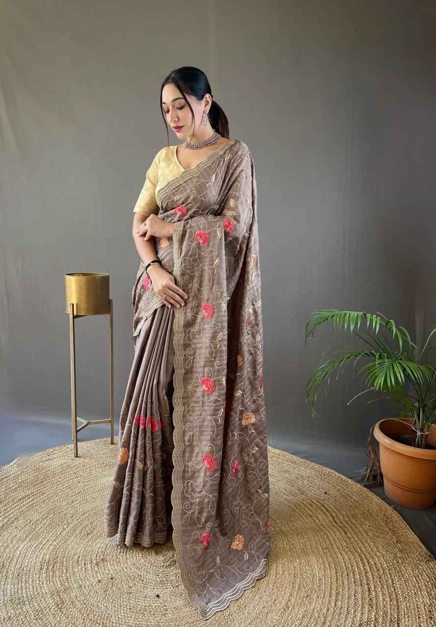 PURE TUSSAR SILK JAAL FLORAL EMBROIDERY WORK SAREE WHOLESALE PRICE 