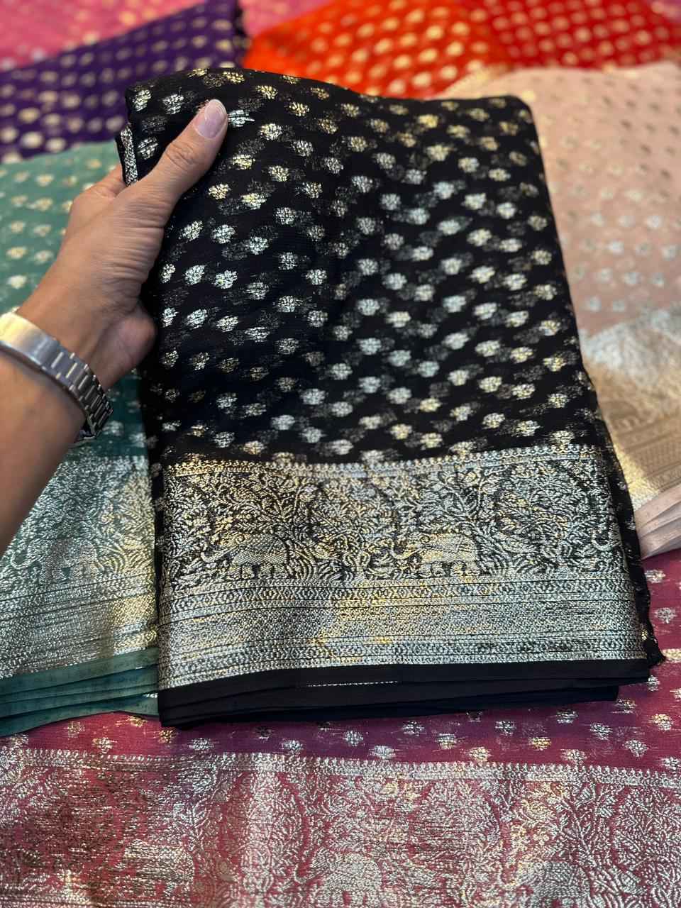 PURE VISCOSE GEORGETTE ZARI & JACQUARD BORDER SAREE AT WHOLESALE PRICE