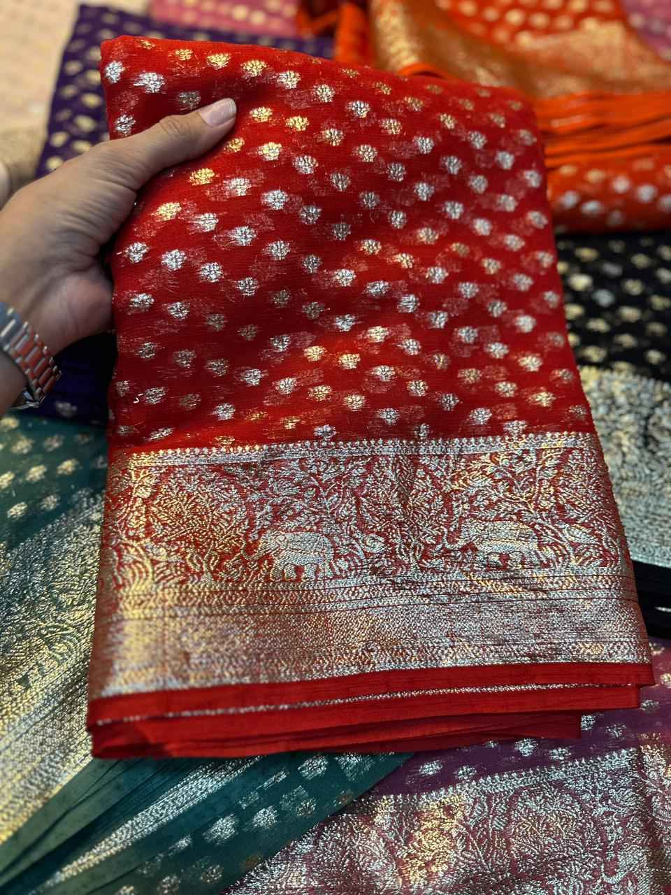 PURE VISCOSE GEORGETTE ZARI & JACQUARD BORDER SAREE AT WHOLESALE PRICE