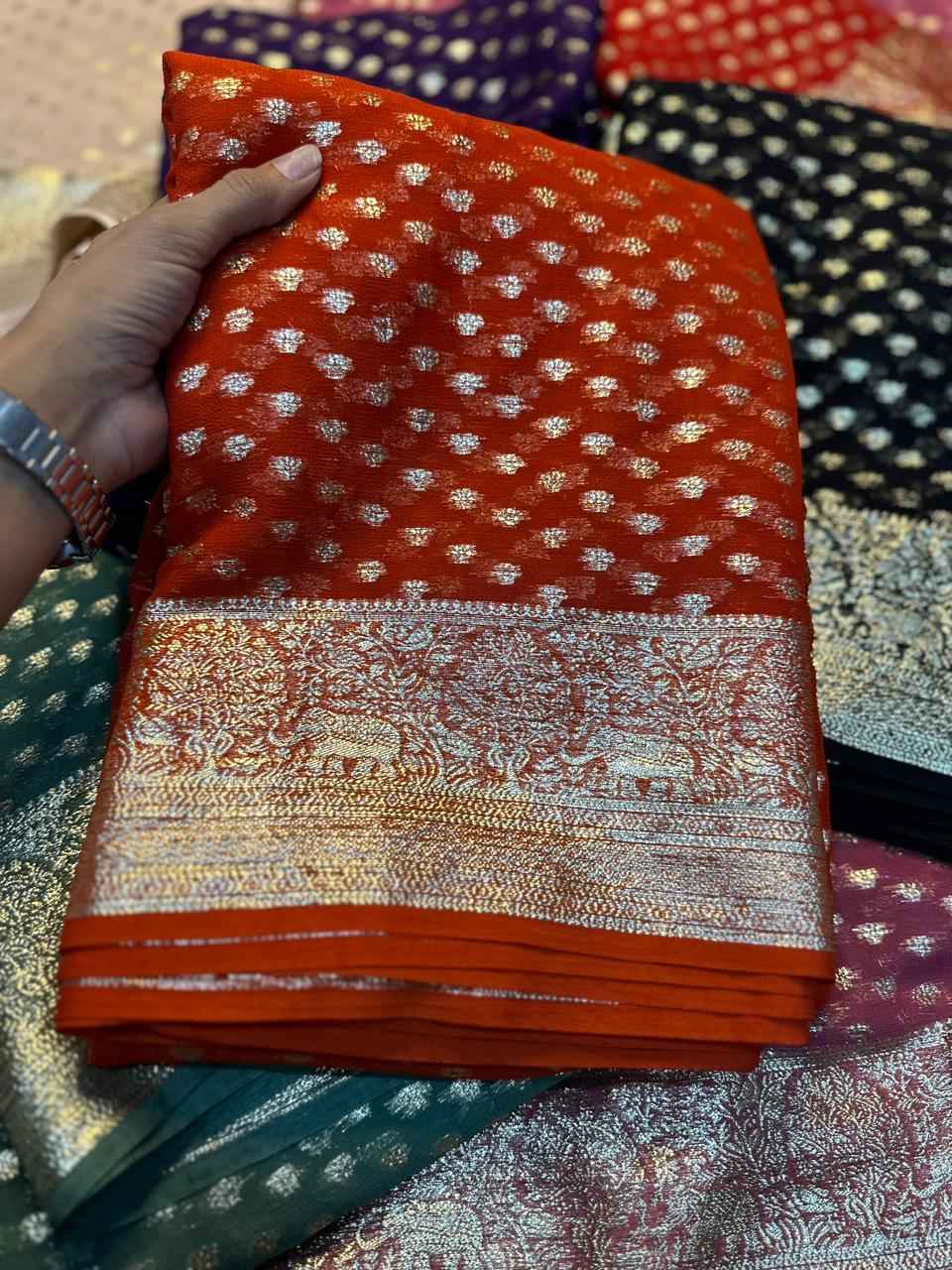 PURE VISCOSE GEORGETTE ZARI & JACQUARD BORDER SAREE AT WHOLESALE PRICE