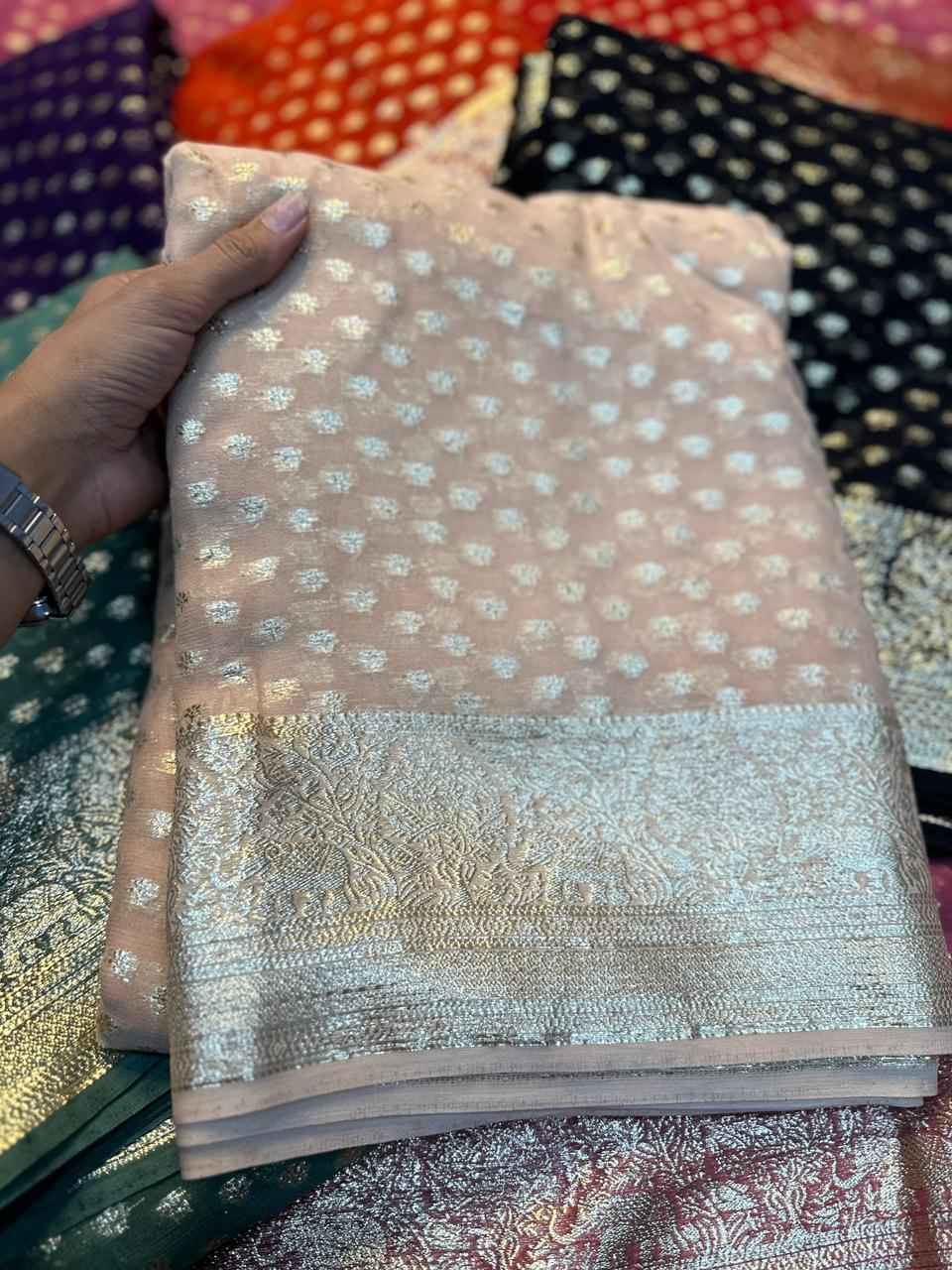 PURE VISCOSE GEORGETTE ZARI & JACQUARD BORDER SAREE AT WHOLESALE PRICE