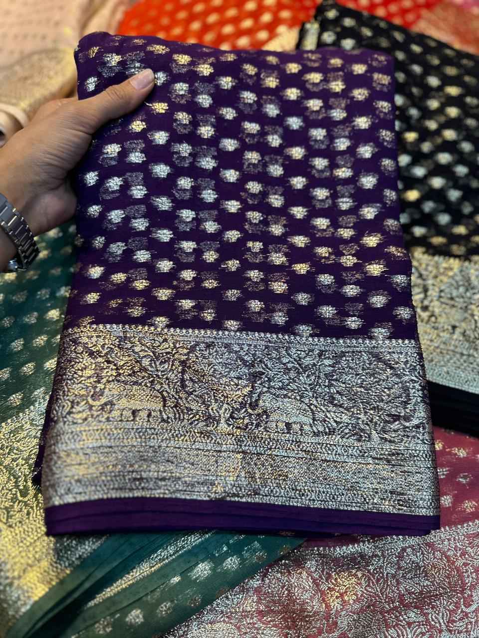 PURE VISCOSE GEORGETTE ZARI & JACQUARD BORDER SAREE AT WHOLESALE PRICE