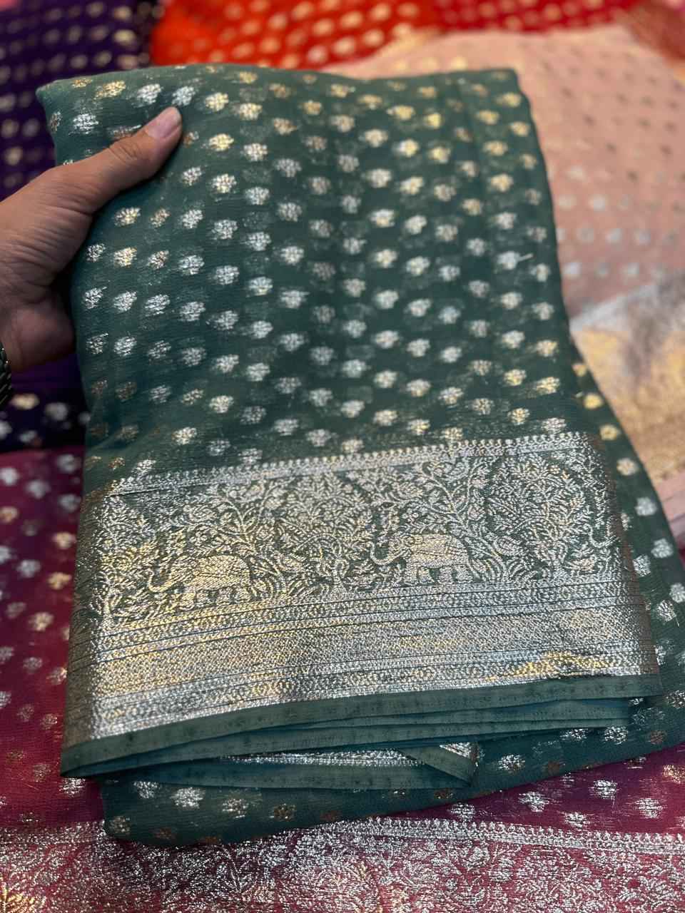 PURE VISCOSE GEORGETTE ZARI & JACQUARD BORDER SAREE AT WHOLESALE PRICE