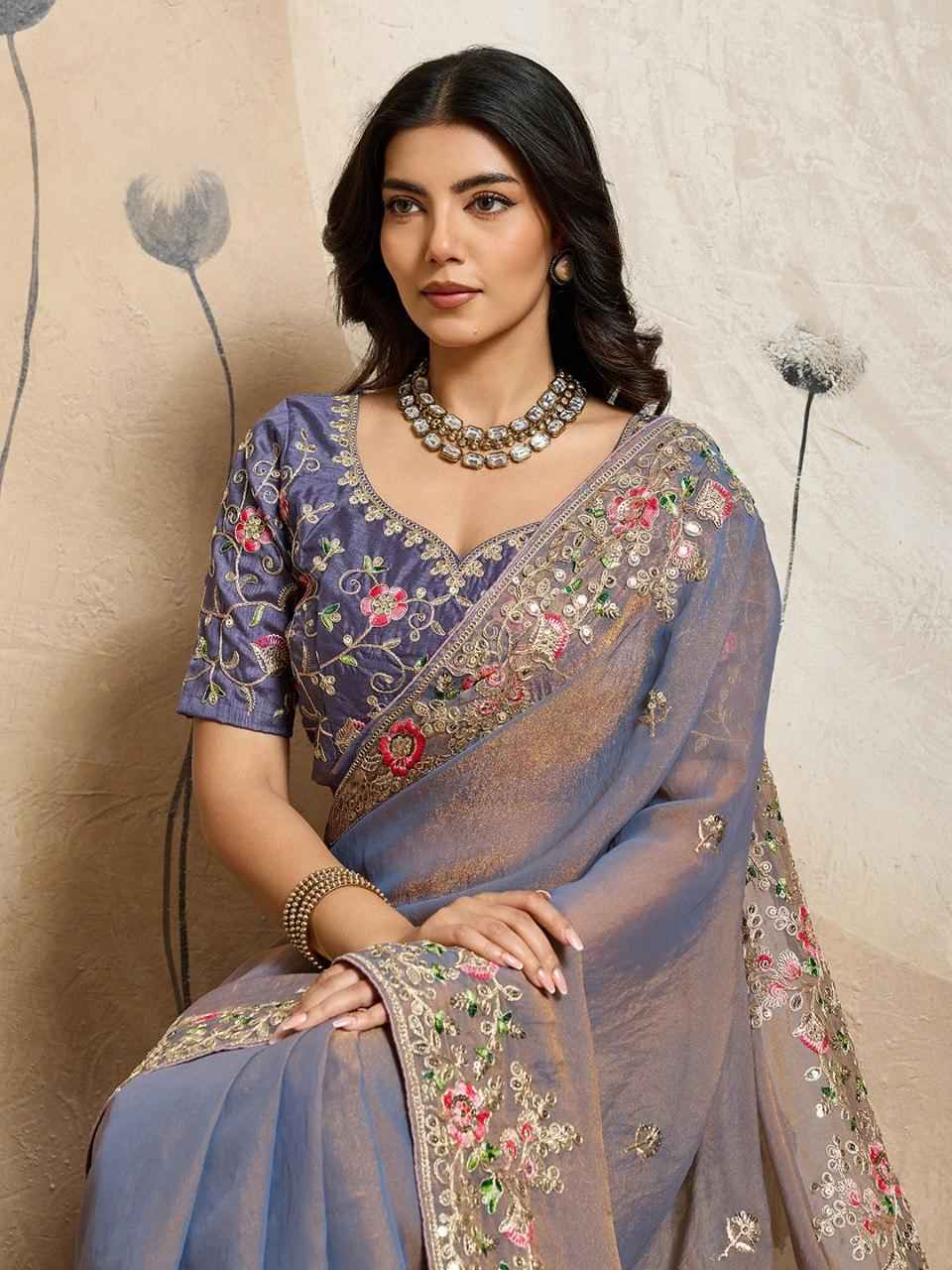 SOFT NXC MOSS CHIFFON EMBROIDERY CUTWORK WORK AARCO BORDER SAREE AT WHOLESALE PRICE