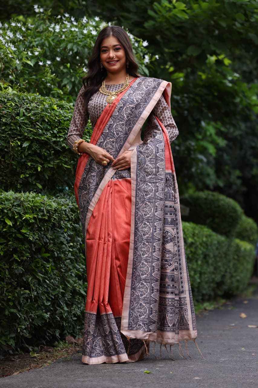 SOFT TUSSAR SILK  MADHUBANI PRINT SAREE AT WHOLESALE PRICE