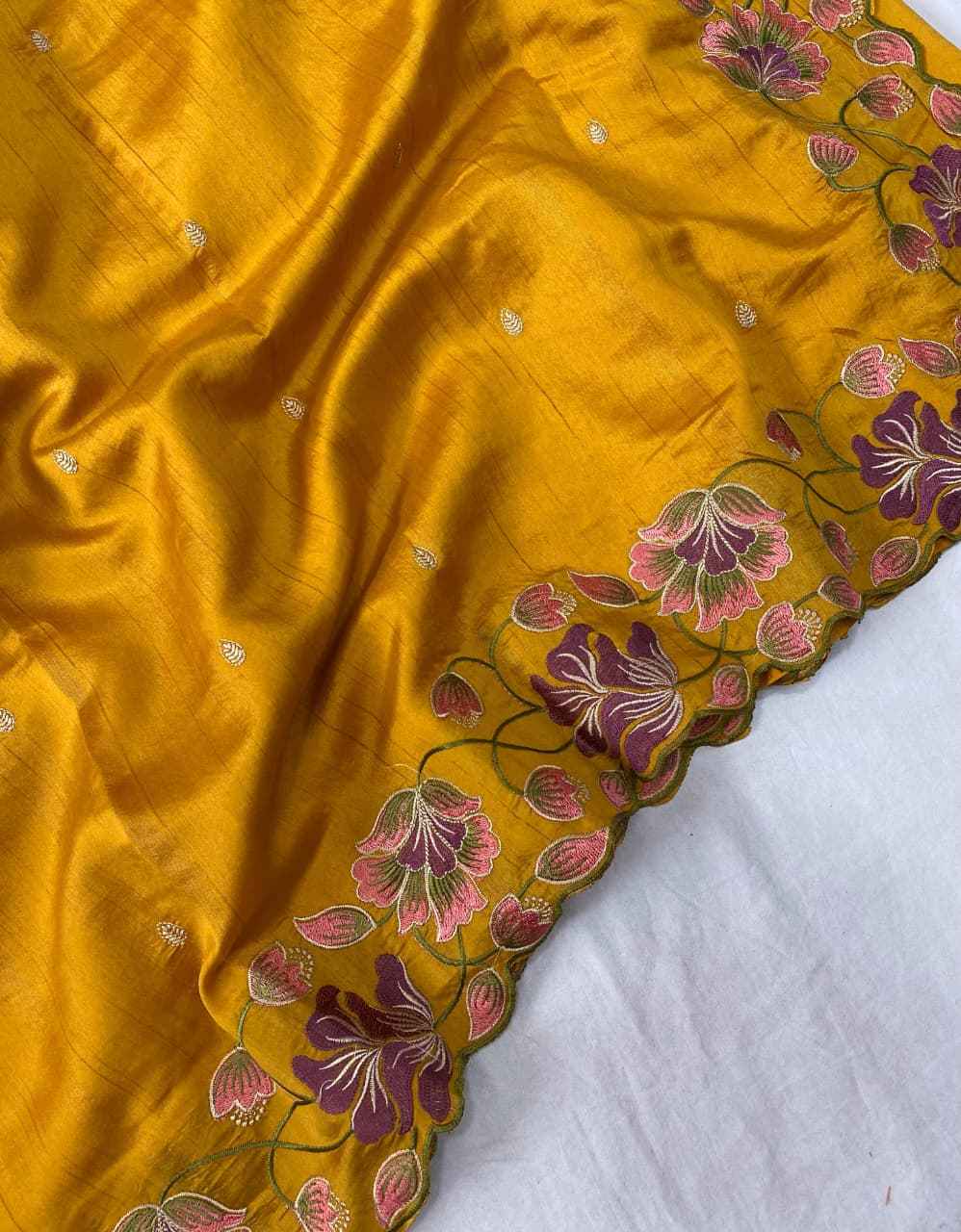 TUSSAR SILK CONTRAST EMBROIDERY WORK AND MOTIFS WITH CUTWORK BORDER SAREE AT WHOLESALE PRICE