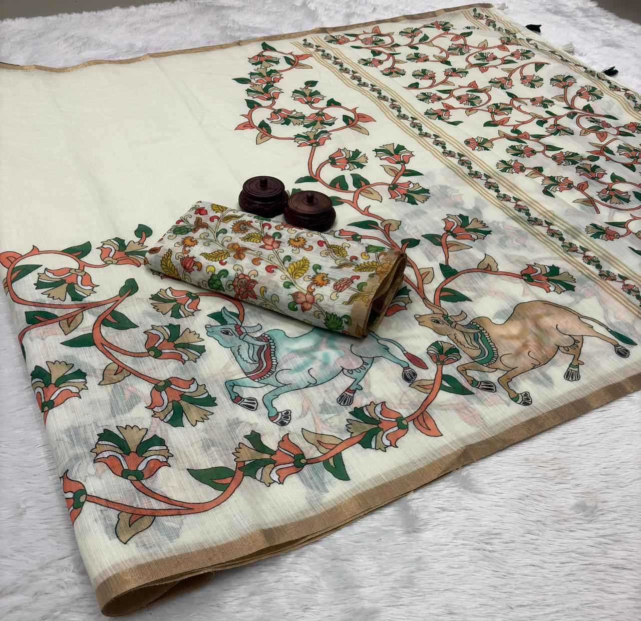 AKANKSHA PURE LINEN COTTON DIGITAL PRINTED ZARI WEAVING SAREE 1 AT WHOLESALE PRICE