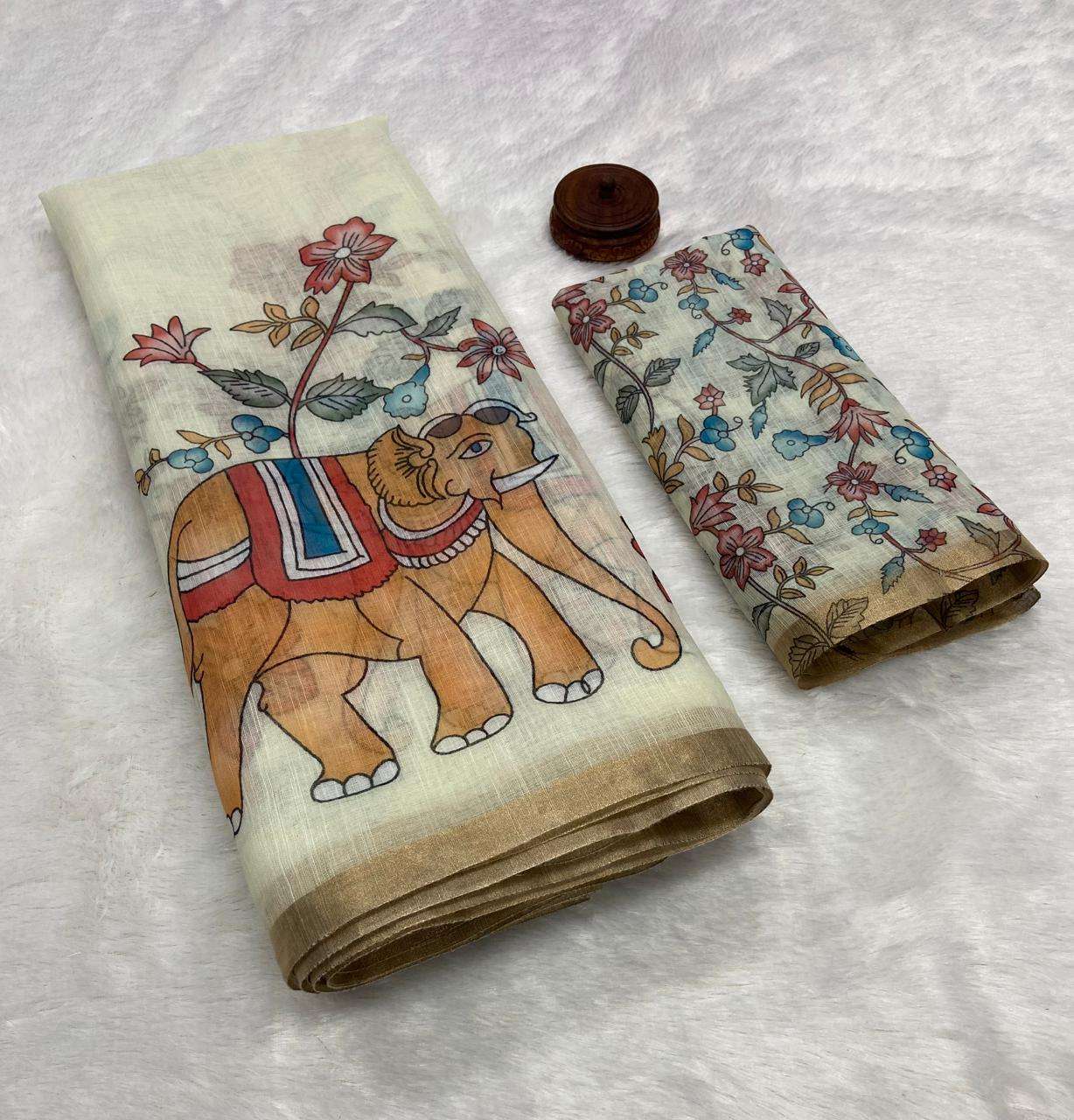 AKANKSHA PURE LINEN COTTON DIGITAL PRINTED ZARI WEAVING SAREE 1 AT WHOLESALE PRICE