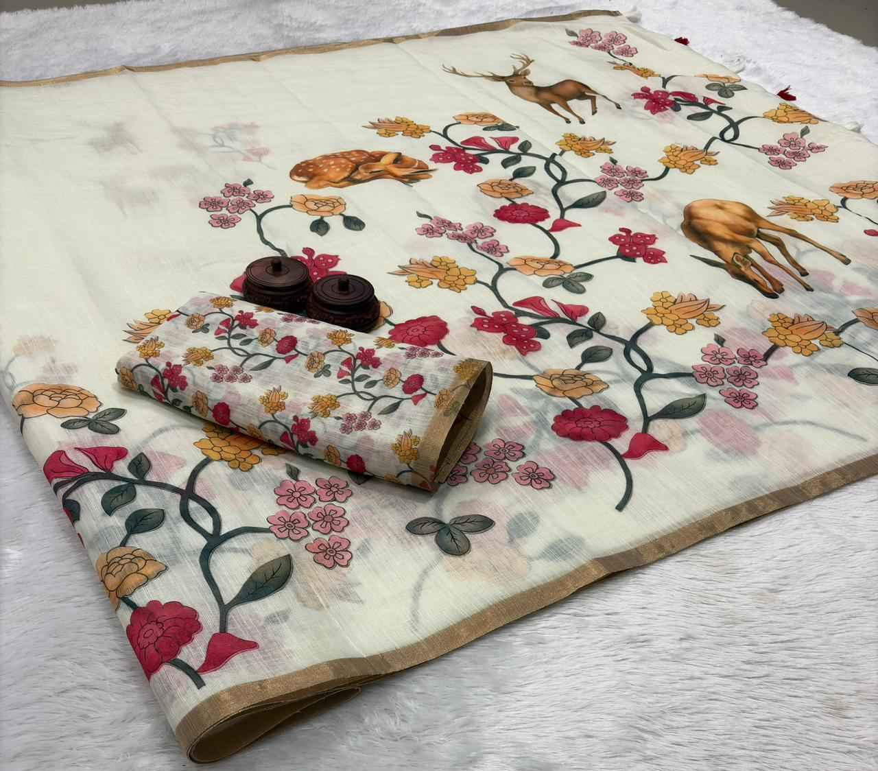 AKANKSHA PURE LINEN COTTON DIGITAL PRINTED ZARI WEAVING SAREE 1 AT WHOLESALE PRICE