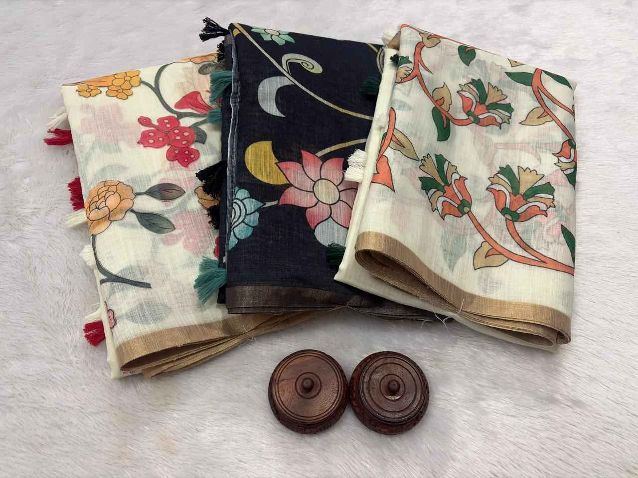 AKANKSHA PURE LINEN COTTON DIGITAL PRINTED ZARI WEAVING SAREE 1 AT WHOLESALE PRICE