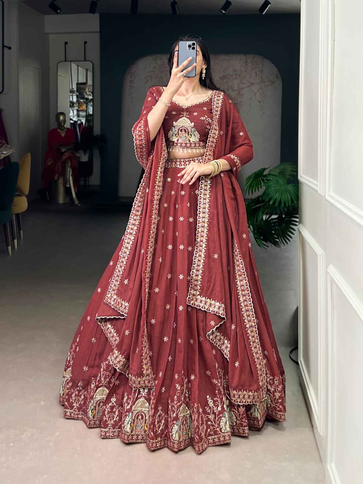 CHOCOLATE CRUSH SEQUENCE AND THREAD EMBROIDERY WORK LEHENGA CHOLI AT WHOLESALE PRICE 