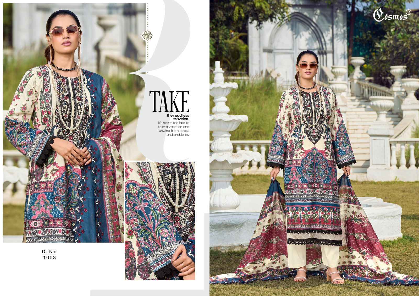 COSMOS NEEDLE IMPRESSIONS VOL-1 LAWN COTTON EMBROIDERED EID DRESS MATERIAL AT WHOLESALE PRICE