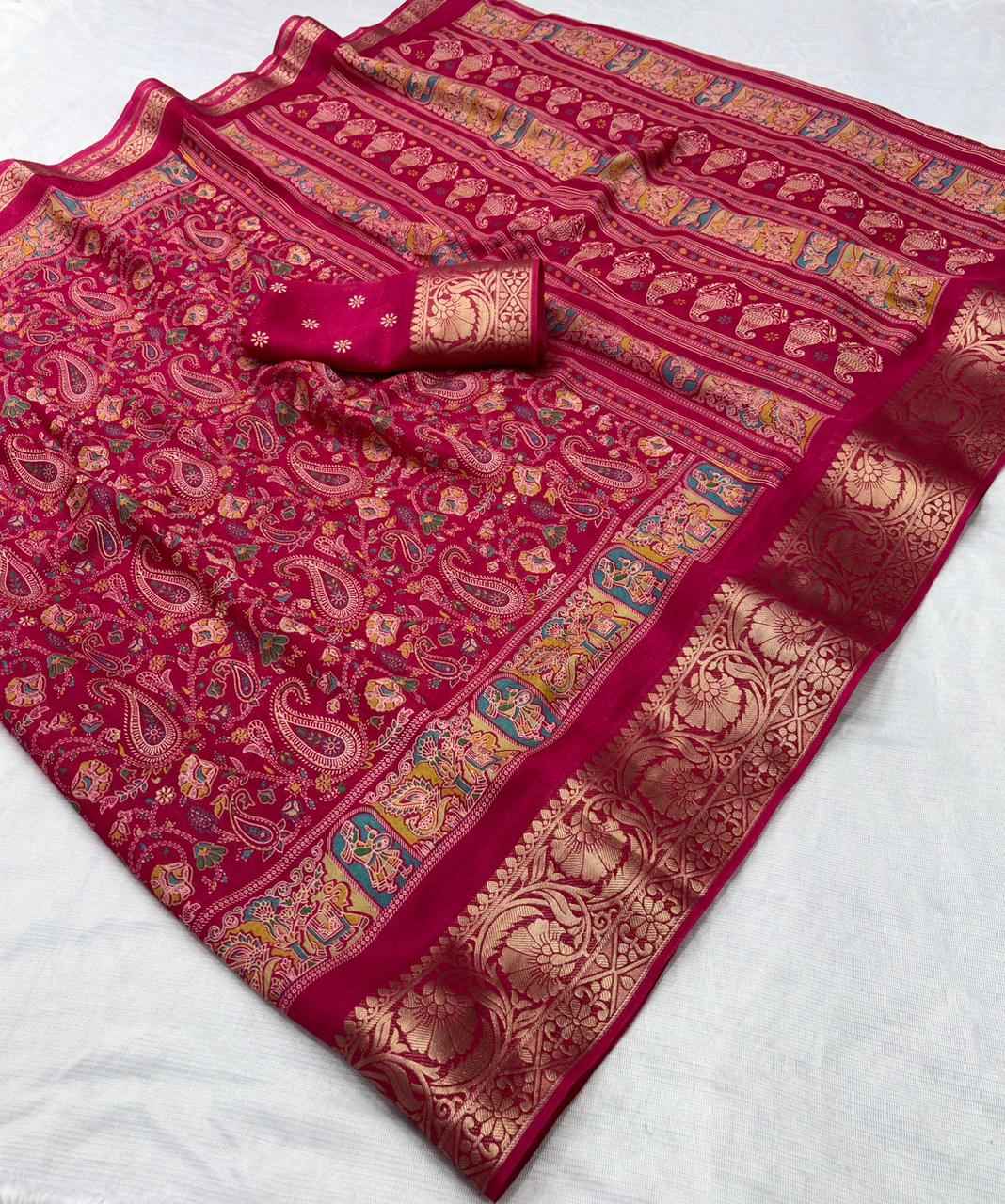 DOLA SILK KALAMKARI PRINT JACQUARD BORDER SAREE AT WHOLESALE PRICE  